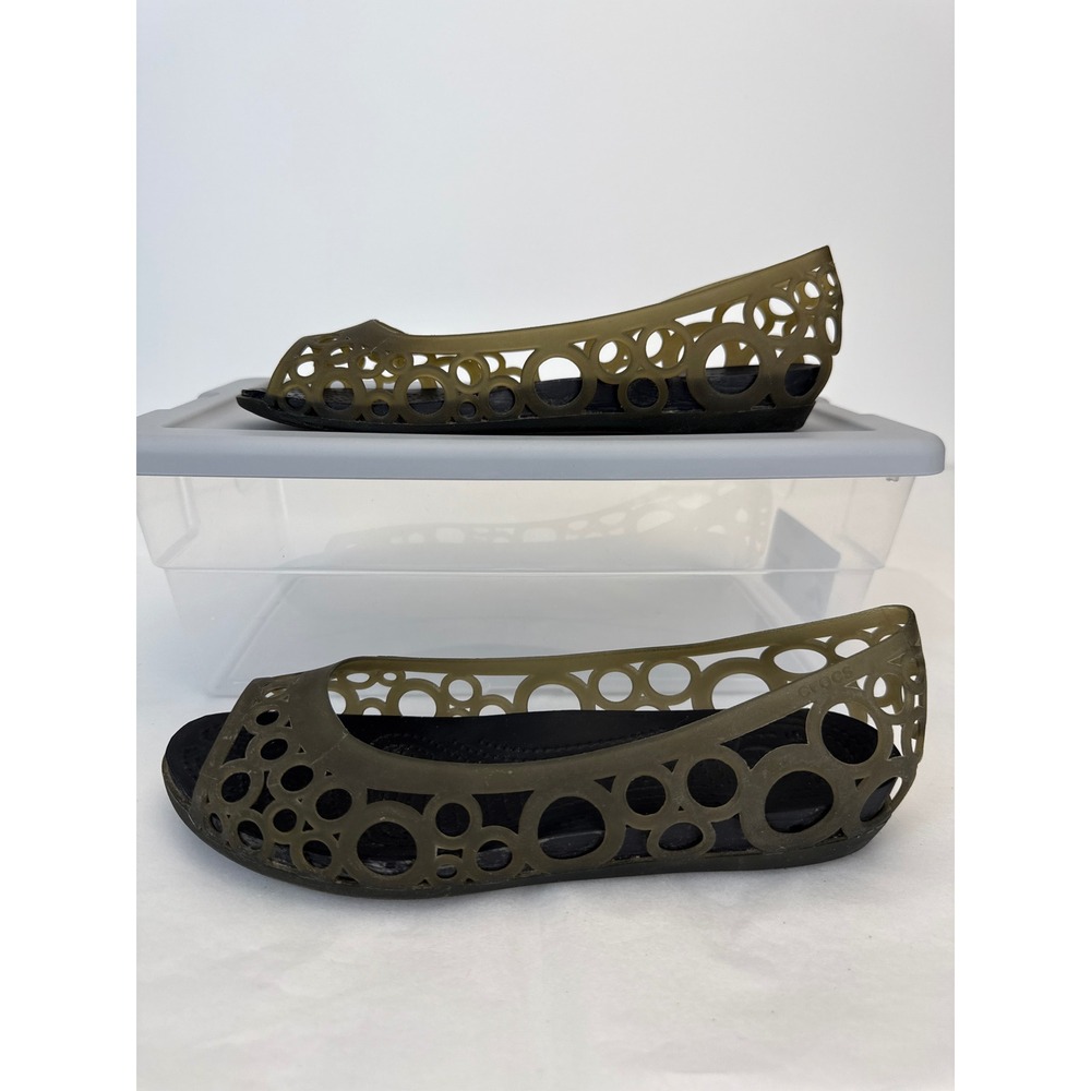 Crocs Adrina Peep Toe Flat Women Size 8 Olive Green Jelly Cutout Casual